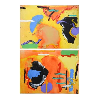 Contemporary Abstract Expressionist Yellow and Orange Paintings - a Pair For Sale