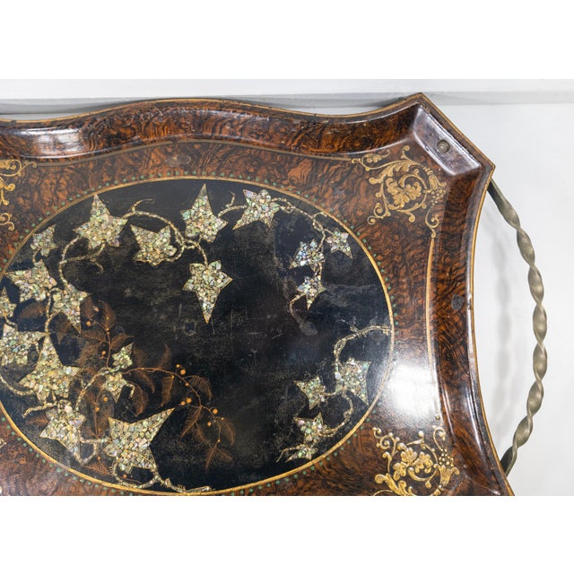19th Century English Victorian Tole Metal Serving Tray With Mother of Pearl and Faux Grain Design For Sale - Image 4 of 18