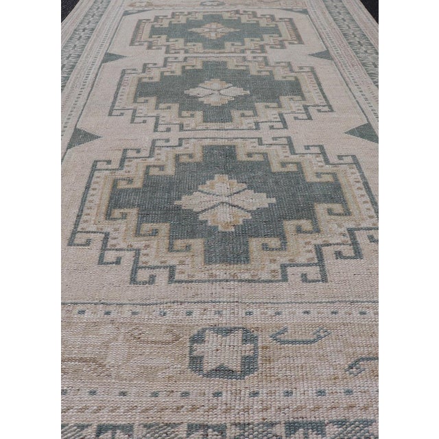 Traditional Vintage Turkish Oushak Rug With Geometric Medallions in Soft Green For Sale - Image 3 of 10