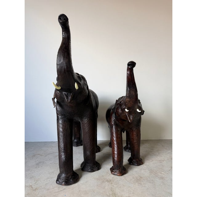 Vintage Safari Style Oversized Leather Elephant Sculptures With Raised Trunks – A Pair For Sale - Image 9 of 18