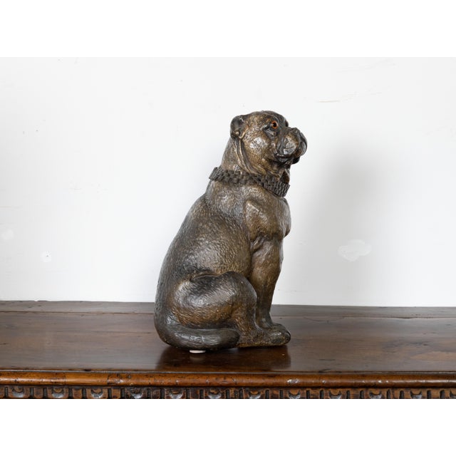 English 19th Century Terracotta Bulldog Statue with Silver Collar and Glass Eyes For Sale In Atlanta - Image 6 of 11