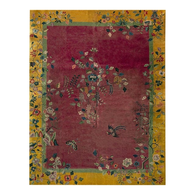 1920s Red Floral Birds Antique Chinese Art Deco Carpet 9'x12' Knotted Wool Rug For Sale