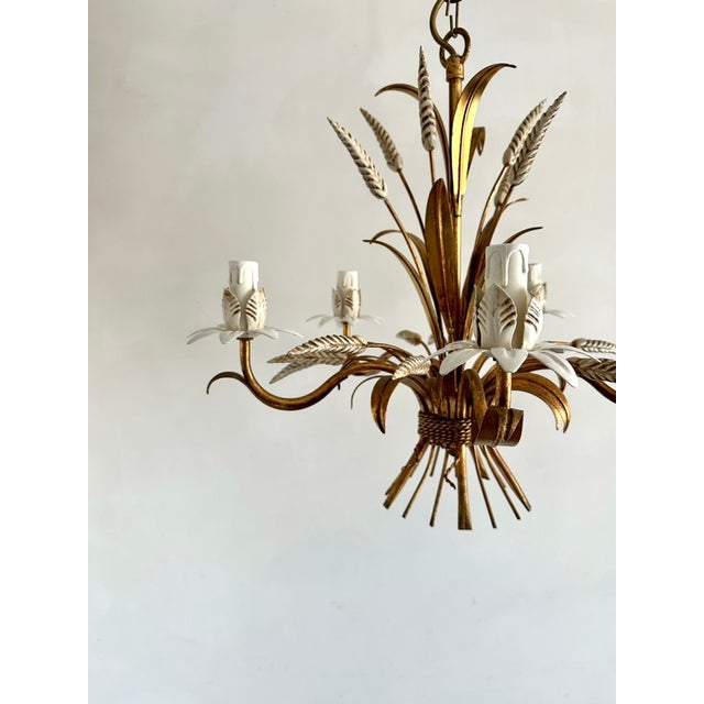 Gold Vintage Gilt Wheat Sheaf Chandelier with White Floral Details, France, 1960s For Sale - Image 8 of 13
