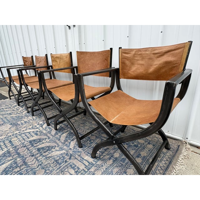 Restoration Hardware 1970s French Director's Dining Chairs | Set of 5 | Chestnut Leather For Sale - Image 10 of 17