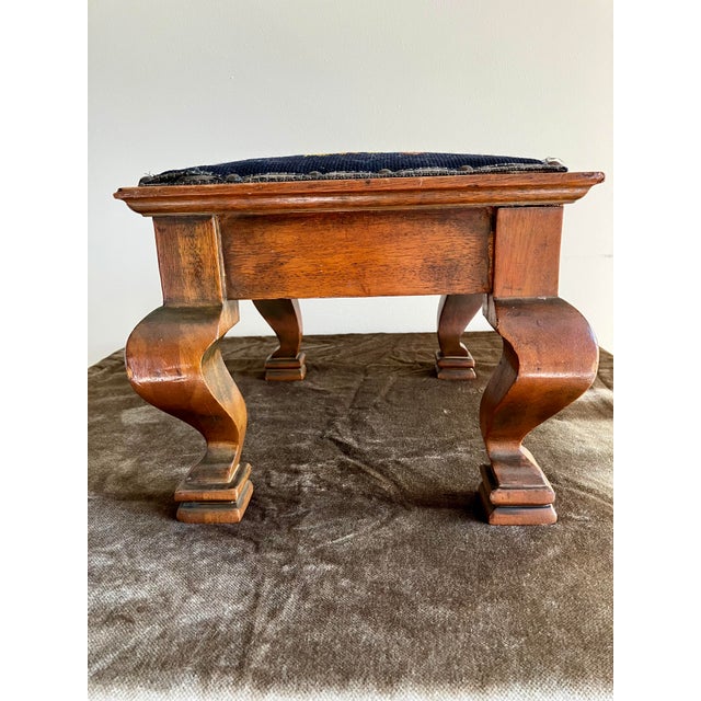 Wood 19th Century Antique Walnut Footstool With Floral Needlepoint Cushion For Sale - Image 7 of 18