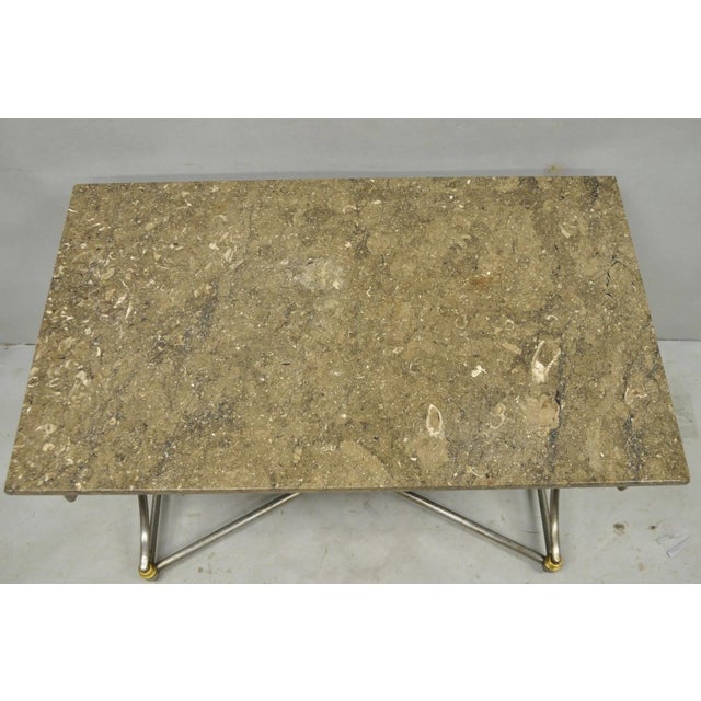 Vintage Directoire Maison Jansen Style Steel & Brass Marble Top Console Table For Sale - Image 4 of 18