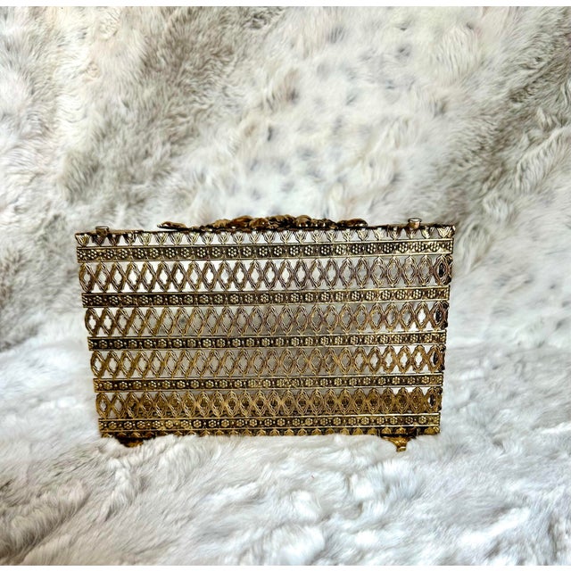 Mid 20th Century Vintage Gold Tone Filigree Metal Tissue Box For Sale - Image 5 of 7