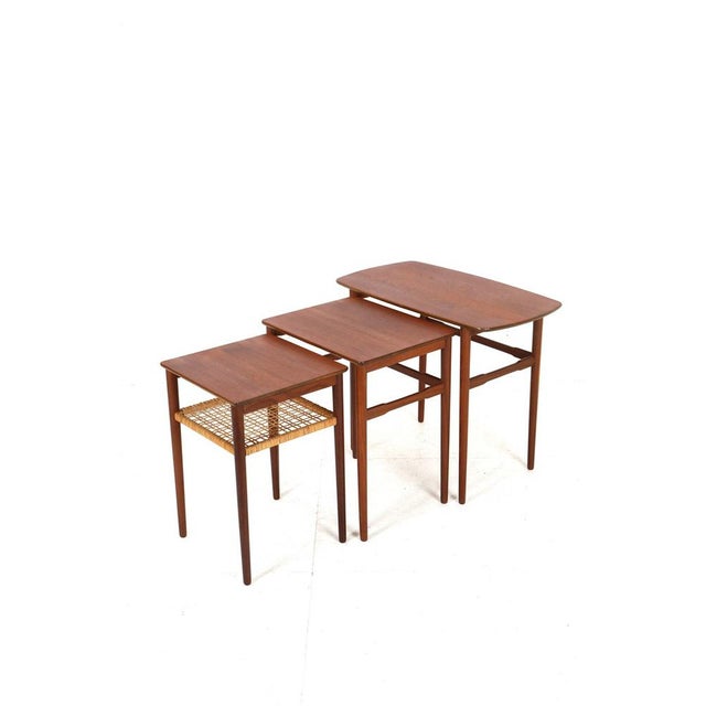 Mid-Century Danish Teak Nesting Tables with Rattan Shelves, 1960s, Set of 3 For Sale - Image 6 of 18