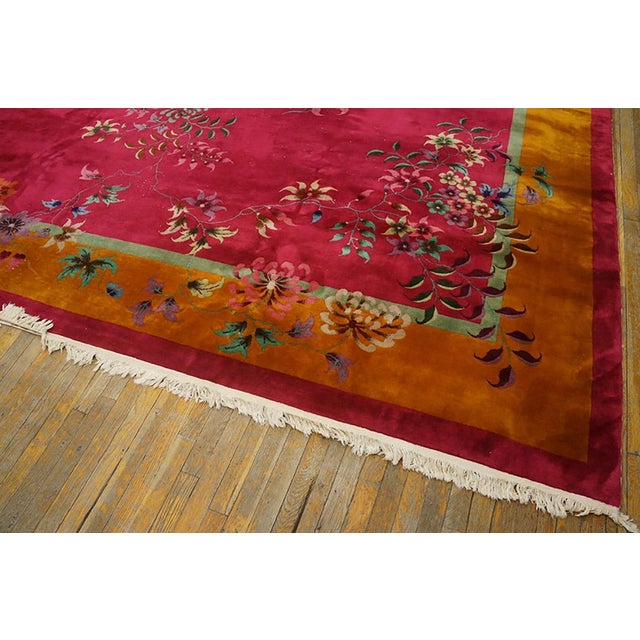 Exciting Red Background Color With Asymmetric Floral Design Antique Chinese Art Deco Rug For Sale In New York - Image 6 of 9