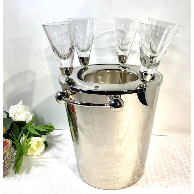 MidCentury Modern Ice Bucket Silver Plated With Stemmed Champagne Liquor Shot Glasses 6 Pc