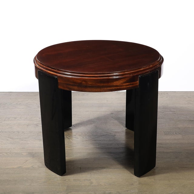 Brown 1930s Art Deco Machine Age Occasional Table in Walnut & Black Lacquer Supports For Sale - Image 8 of 10