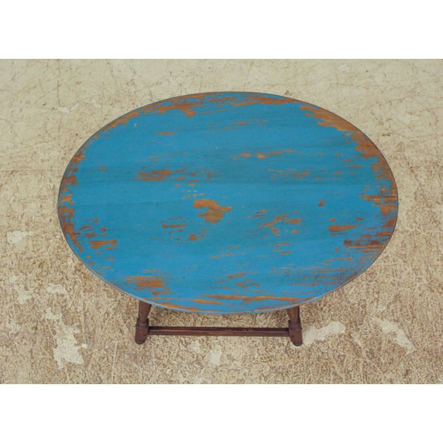 1990s Primitive Bench Made Oval Top Distressed Painted Work Table For Sale - Image 5 of 12