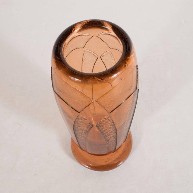 Glass Art Deco Vase in Translucent Cognac with Cubist Geometric Patterns For Sale - Image 7 of 9