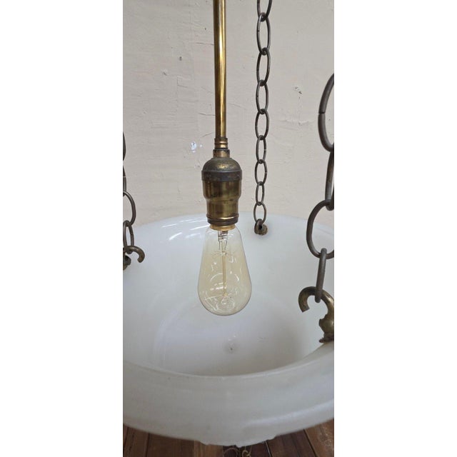 1910s 1910s Art Deco Semi-Flush Mount Bowl Ceiling Light Fixture Pendant Brass Hardware For Sale - Image 5 of 13