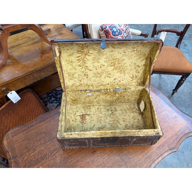 19th Century 19th-Century Antique Brass-Studded Leather Document Box Trunk For Sale - Image 5 of 7