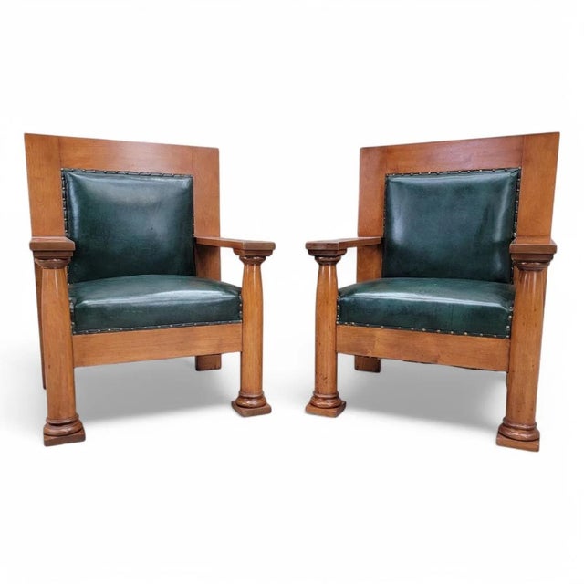 Antique Mission Arts & Crafts Chairs in Hunter Green Leather - Pair For Sale In Chicago - Image 6 of 11