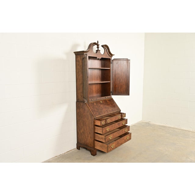 Baker Furniture Georgian Banded Burled Walnut Drop Front Secretary Desk With Bookcase Hutch For Sale In South Bend - Image 6 of 16