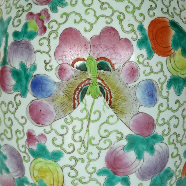 Pair of Colorful Chinese Export Porcelain Lamps With Green Pleated Shades For Sale - Image 4 of 4