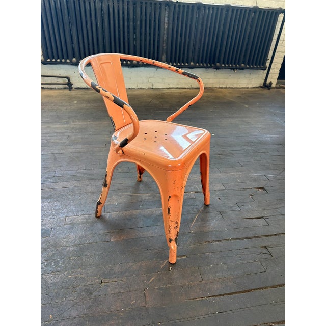 1980s Vintage Tolix Style Stackable Dining Side Chair in Distressed Orange For Sale - Image 5 of 10