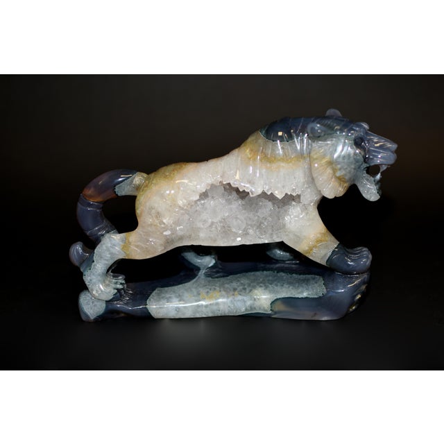 Large Gemstone Tiger Statue Agate With Crystal Geodes For Sale - Image 4 of 14