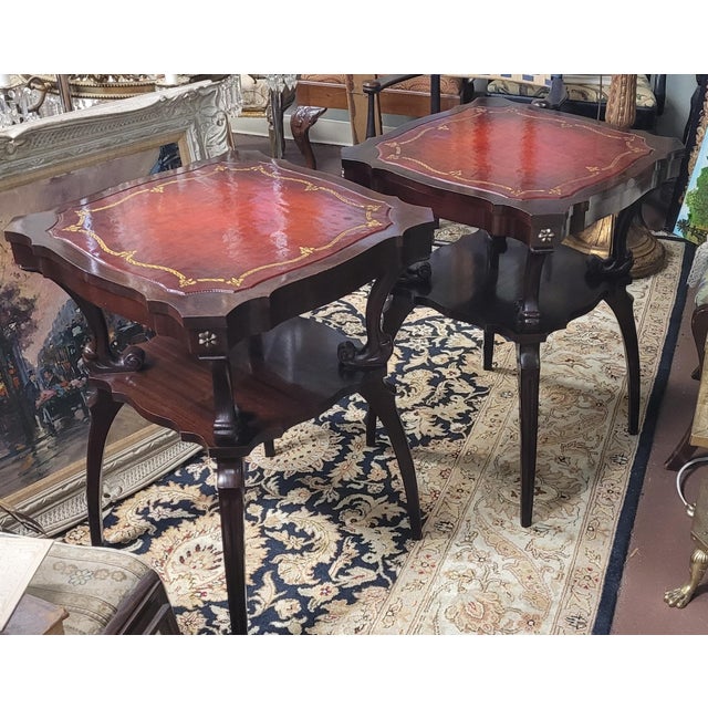 Pair 1940s Red Leather Top Side Table For Sale - Image 4 of 13