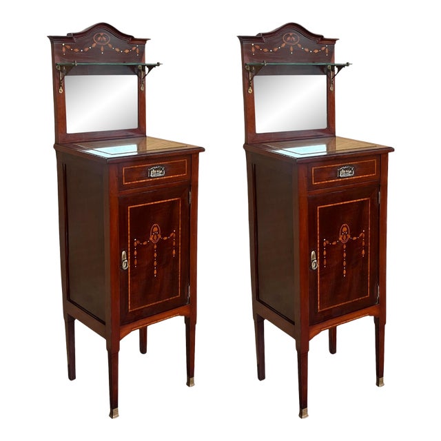 1900s, Art Nouveau Pair of Walnut Nightstands with Crest and Glass Shelve For Sale