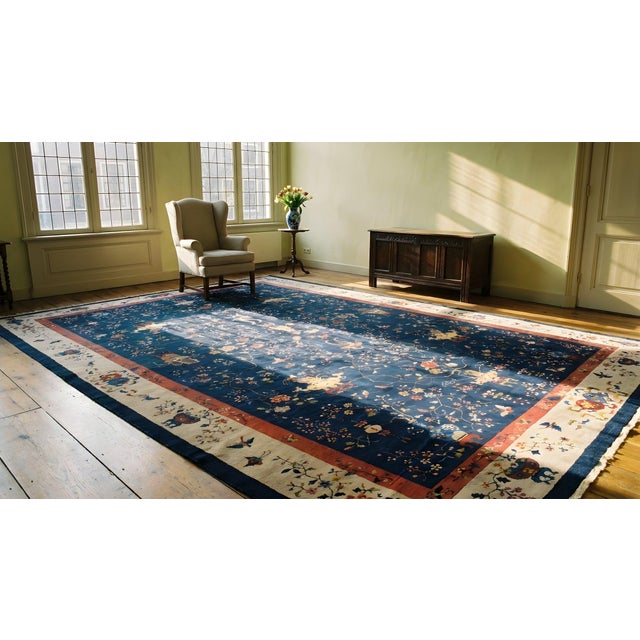 Textile 1920s Blue Floral Modern Antique Chinese Art Deco Rug 14' X 23' Handknotted Wool Carpet For Sale - Image 7 of 9