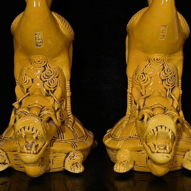 Pair of Large Chinese Yellow Glazed Porcelain Turtle & Crane Candlesticks For Sale In Los Angeles - Image 6 of 9