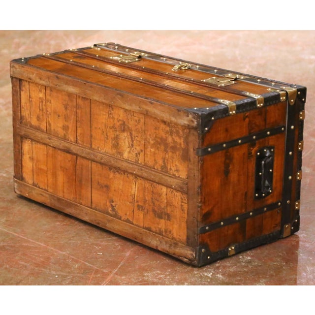 19th Century French Parisian Travel Trunk With Brass Hardware and Wood Slat Top For Sale - Image 13 of 13