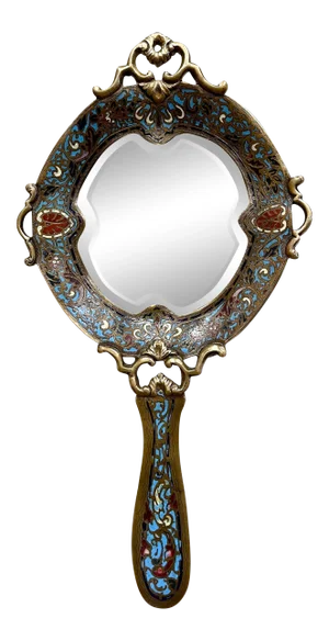 19th Century French Brass and Champleve Hand Vanity Mirror With Beveled Glass