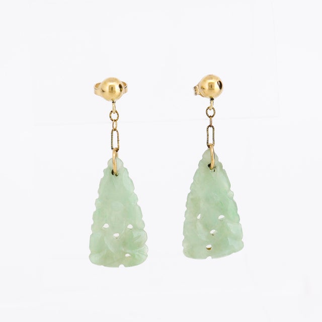Vintage Chinese 14k Gold & Carved Jadeite Dangle/Drop Earrings For Sale - Image 4 of 14