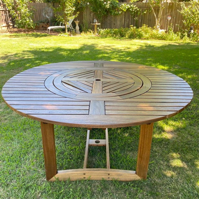 Outdoor Wood Table With Lazy Suzy Center - 63" Round For Sale - Image 9 of 18