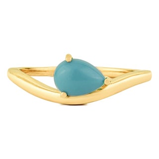 18k Yellow Gold Wavy Band Ring With Teardrop Cabochon Turquoise Size 4 For Sale