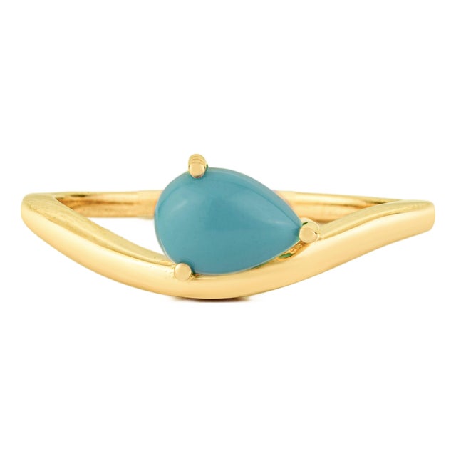 18k Yellow Gold Wavy Band Ring With Teardrop Cabochon Turquoise Size 4 For Sale