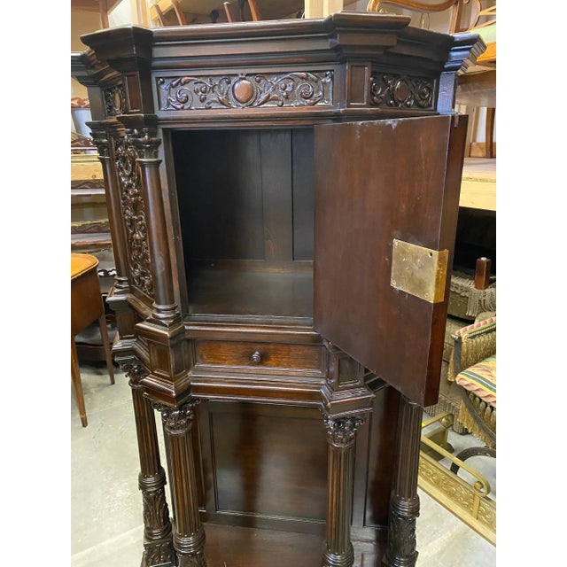 Rich Dark Walnut Hand Carved Antique English Court Cupboard For Sale - Image 4 of 12