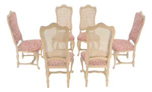 Set 6 Tall Back Thick Cream Lacquer Carved French Dining Chairs Stretchers