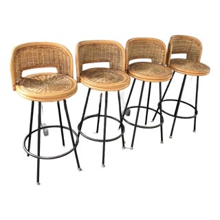 4 1960s Wicker/Bamboo/Wrought Iron Swivel Stools For Sale
