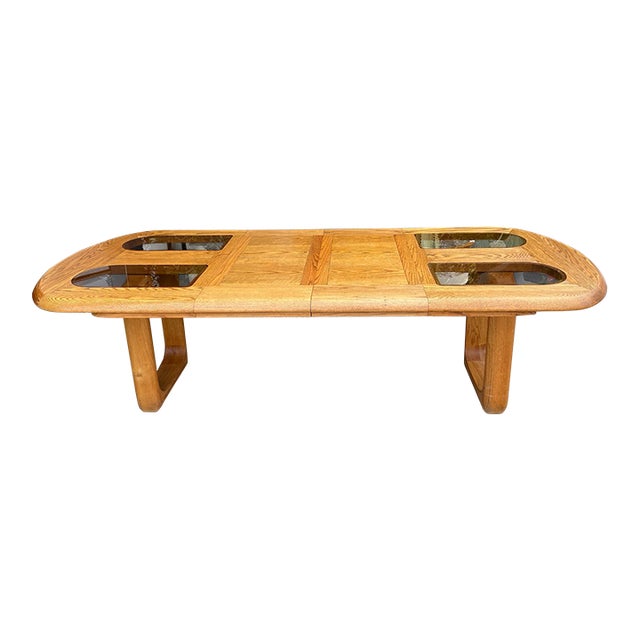 1980s Vintage Solid Oak and Smoke Glass Oval Dining Table For Sale