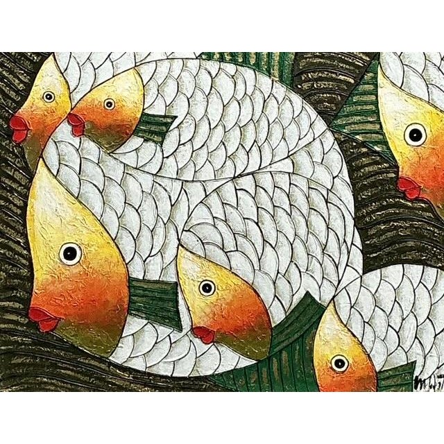 Late 20th Century Vintage Original School of Fish Oil Painting on Canvas For Sale - Image 5 of 12