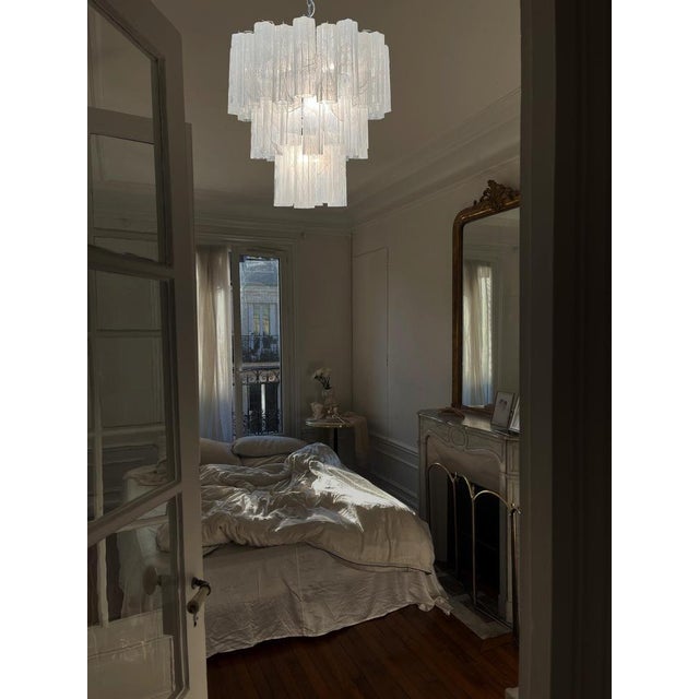 Glass Big Three-Tier Murano Glass Tube Chandelier in White Albaster, 1980s For Sale - Image 7 of 12