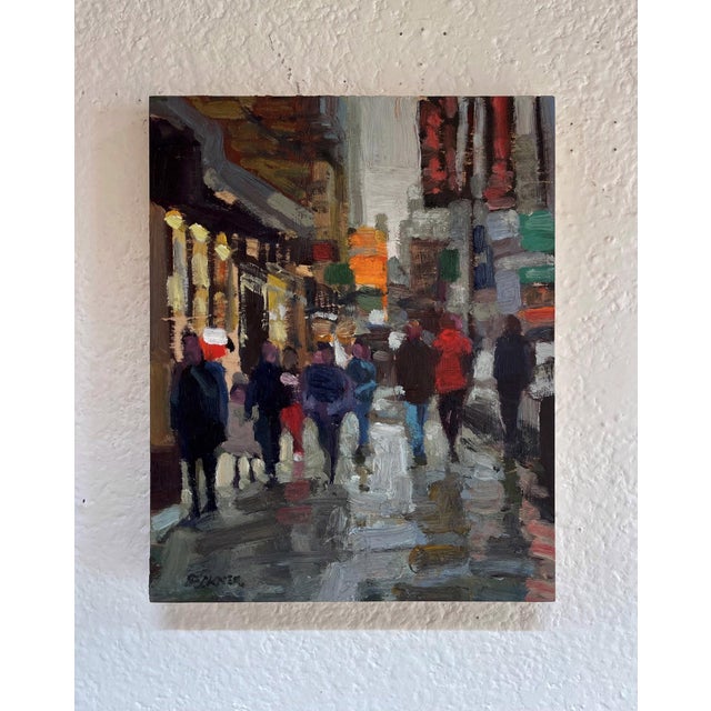 In "Eastside," figures move through a bustling urban landscape, their forms blurred and softened by the oil medium's rich...