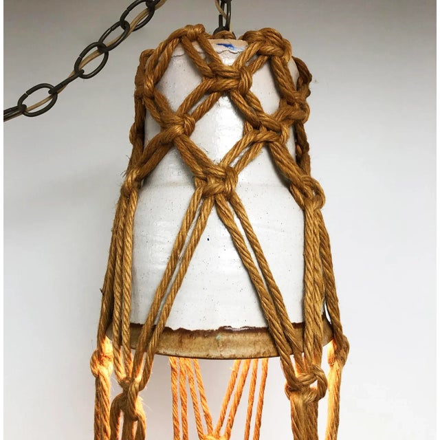 Mid-Century Modern Vintage Jute Macrame and Ceramic Pot + Pendant Light, 1960-70s For Sale - Image 3 of 12