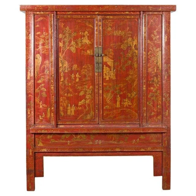 19th Century Large Chinese Qing Dynasty Red Lacquer Armoire with Gilt Décor For Sale - Image 13 of 13