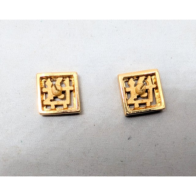 Gold Vintage 1970s Signed Napier Goldtone Square Chinese Character Pierced Earrings-2 Pieces For Sale - Image 8 of 8