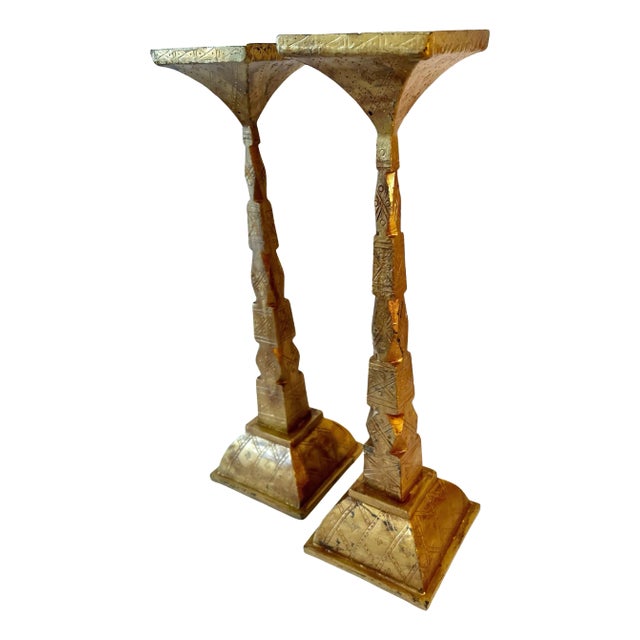 Pair of Gilt Bronze Candle Holders with Etching Design For Sale