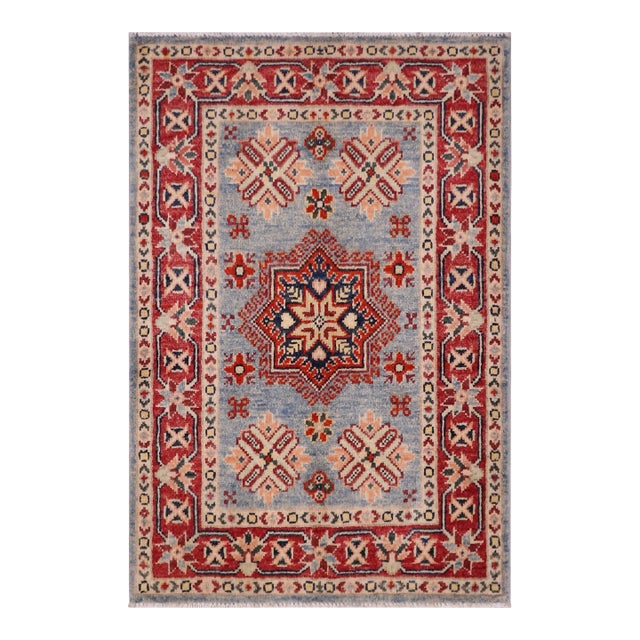 Boho Chic Kazak Tribal Light Blue/Red Wool Rug - 2'0''x3'0'' For Sale