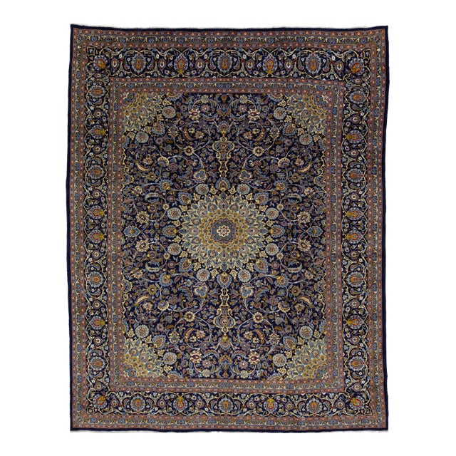 1950s Hand-Knotted Persian Kashan Rug in Blue For Sale