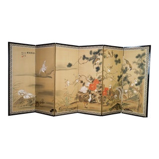 Euc Japanese Byobu Birds Under Trees Hand Signed Painted 6-Panel Screen For Sale