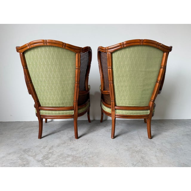 Vintage Coastal Hollywood Regency Style Ethan Allen Faux Bamboo & Cane Wingback Bergère Chairs – A Pair For Sale - Image 10 of 12