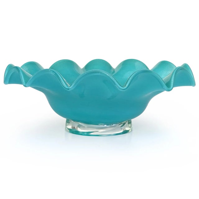 Murano Vintage Murano Jade Green Gold Flecks Italian Art Glass Large Ruffle Rim Footed Centerpiece Bowl For Sale - Image 4 of 7